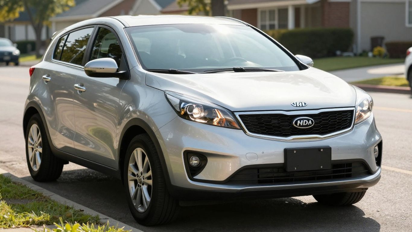 Silver Kia Sportage SUV with headlights on.