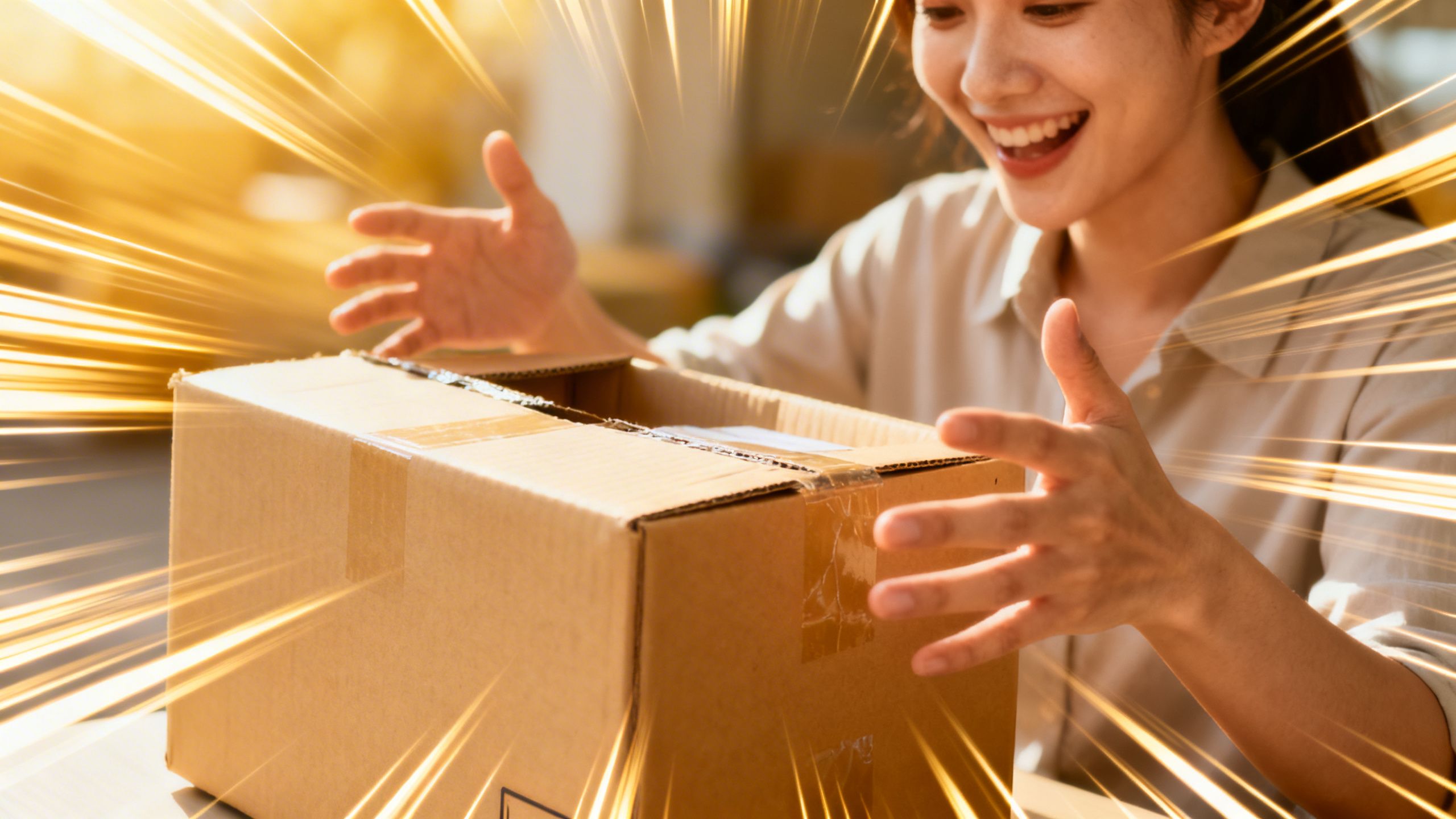 A customer joyfully opening a package that has speed lines coming off it, representing fast outbound logistics.