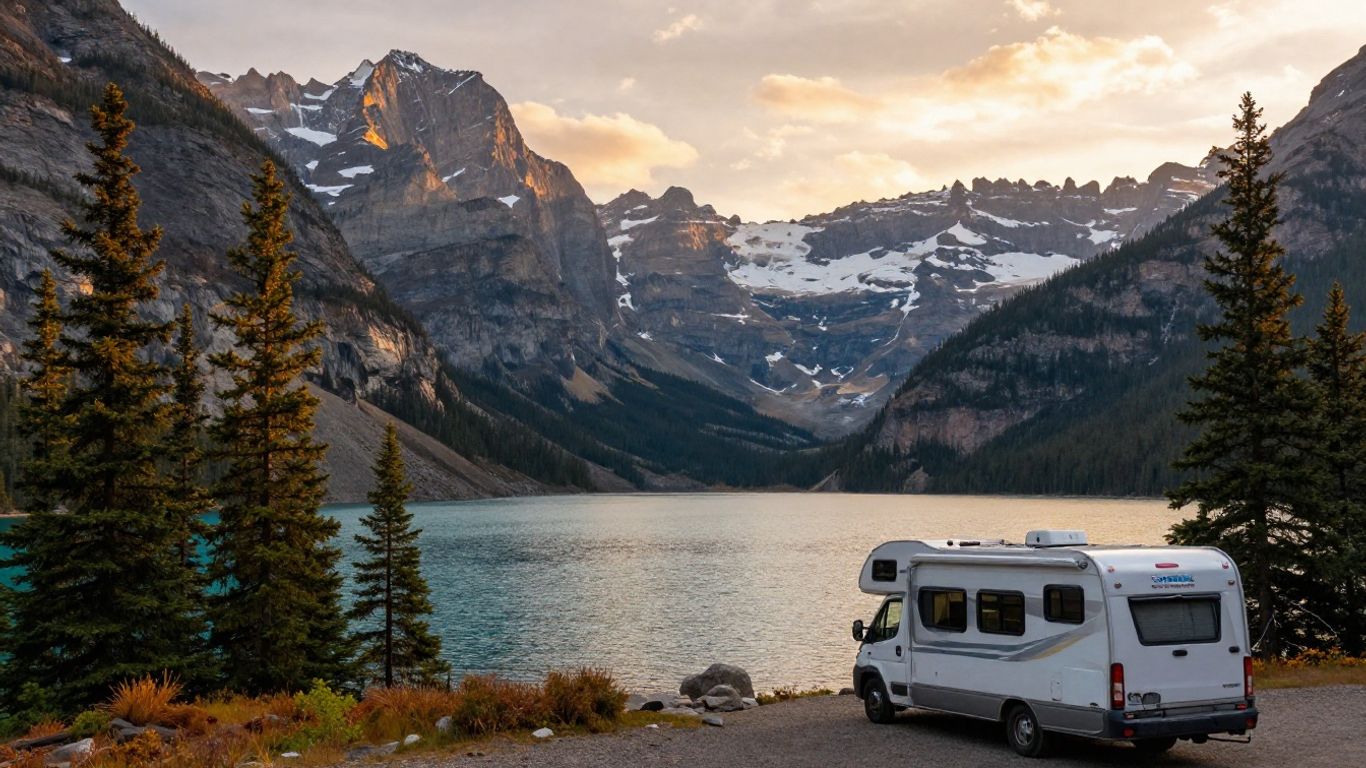 RV parked by a Yukon lake with mountains in the background.