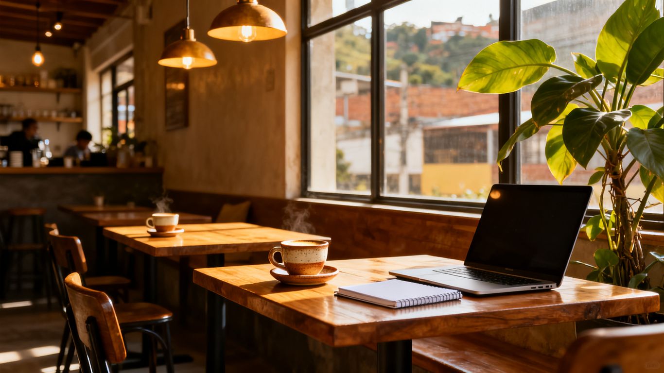 Relaxed independent cafe with laptop