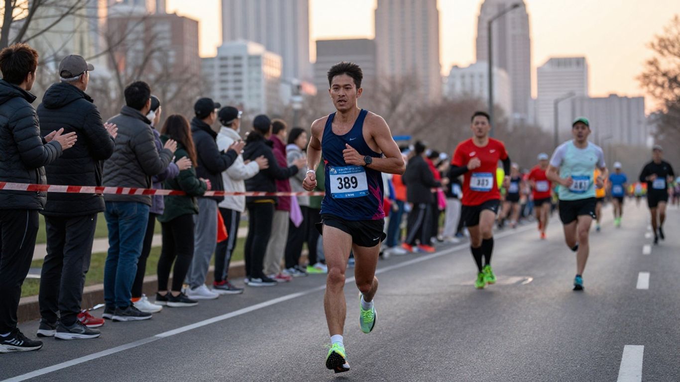 Runner racing on marathon course at sunrise