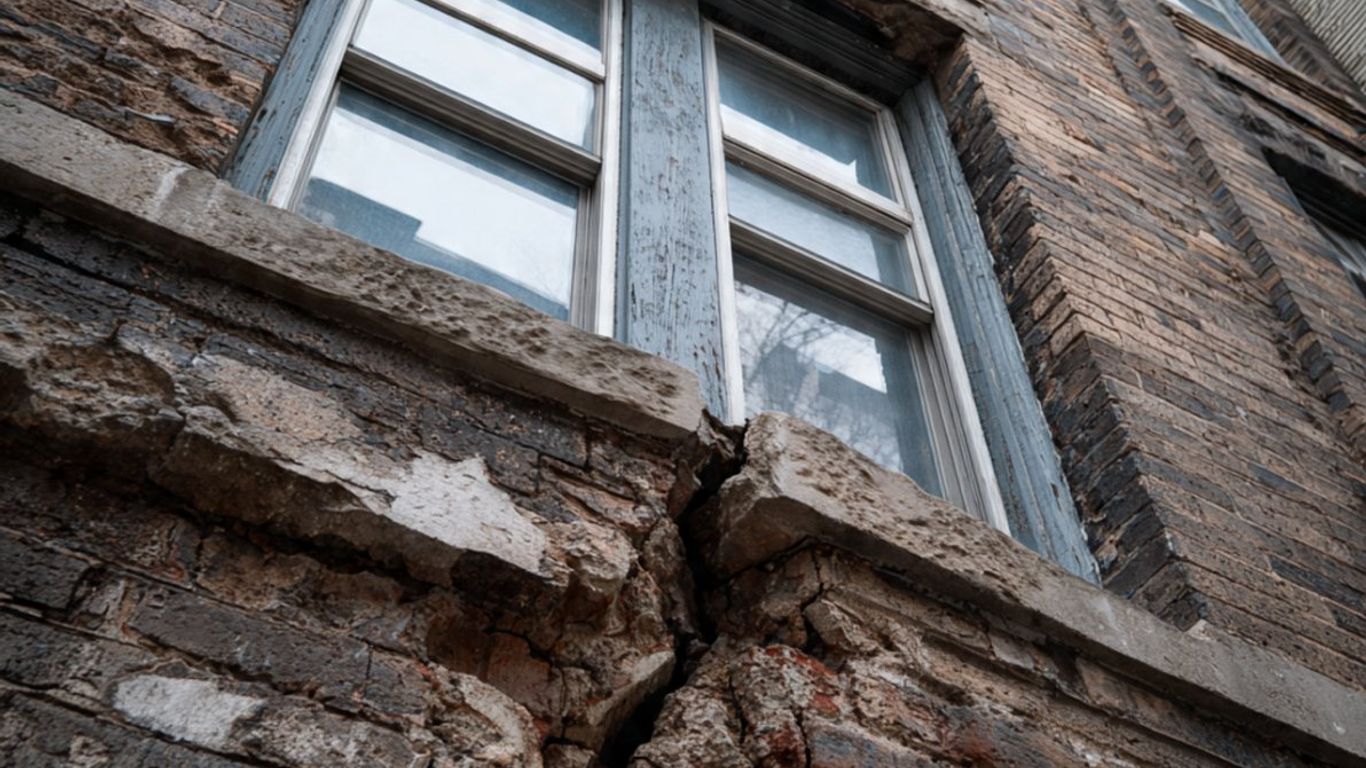 A large crack runs through the brickwork of an old building.