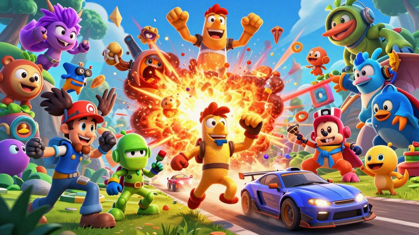 Collage of exciting game characters and action scenes.