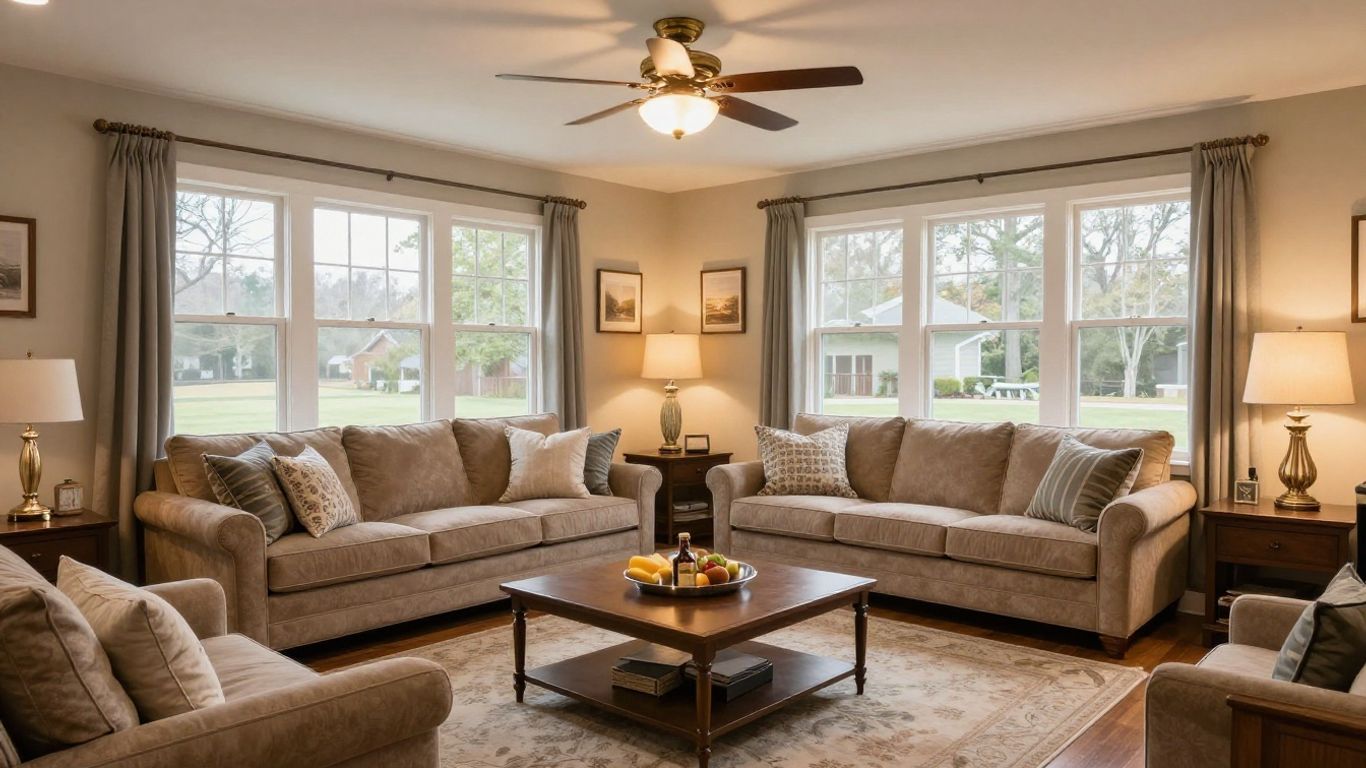 Finished basement living space with comfortable seating and warm lighting.
