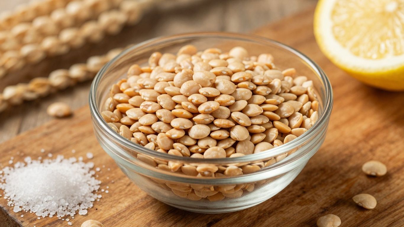 Dried beans, salt, and lemon wedge on a wooden surface.