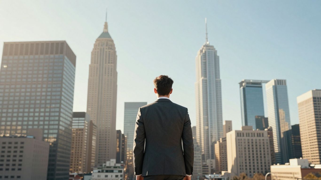 Person looking towards a bright city skyline.