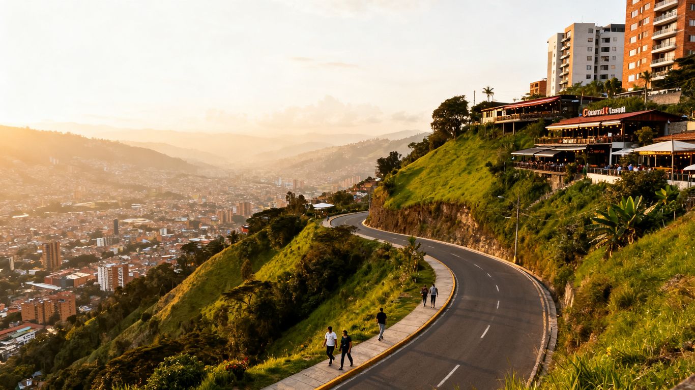 A hillside road overlooking Medellín valley