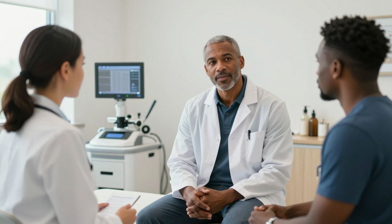 Realistic premium men’s health scene in an upscale clinic: a confident diverse man in his 40s speaking with a professional provider beside discreet lab and wellness equipment, conveying sexual wellness, vitality, recovery, and whole-body performance; primarily white with one Black man, natural lighting, no text, logos, or exaggerated imagery.