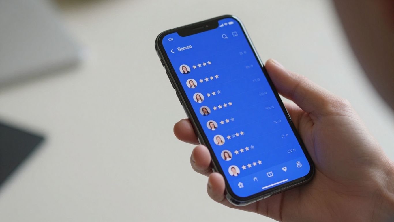 Person holding phone with blue review interface.