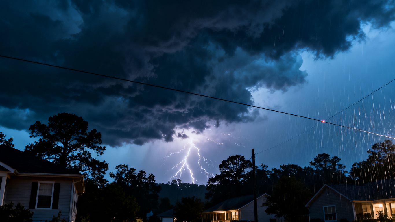 Stormy sky over Ringgold, GA neighborhood with lightning.