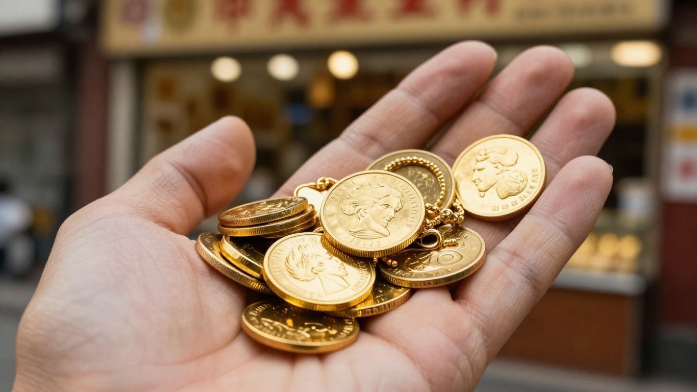 Main d'or tenant des pièces d'or et des bijoux