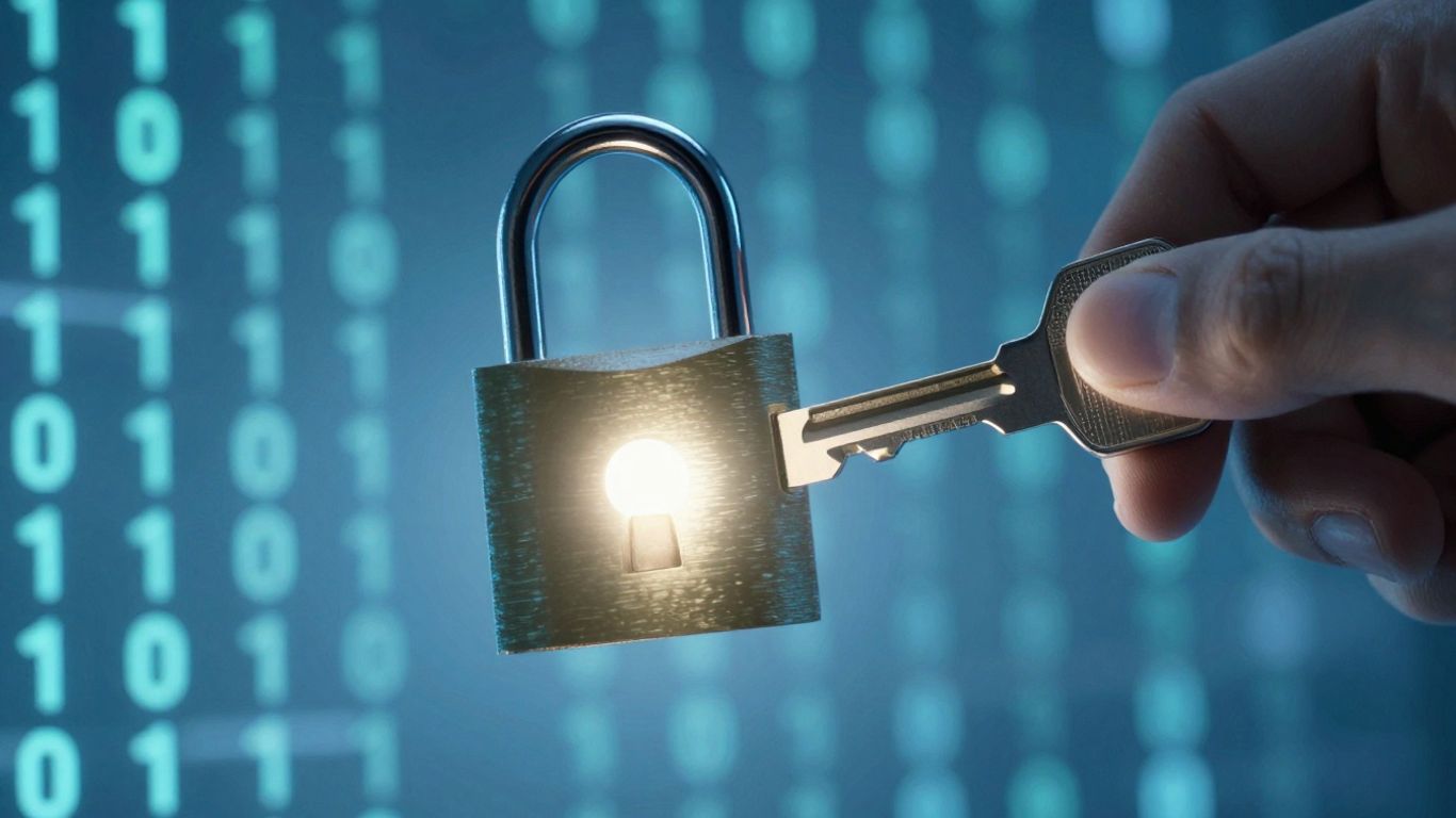 Digital key unlocking a glowing padlock.