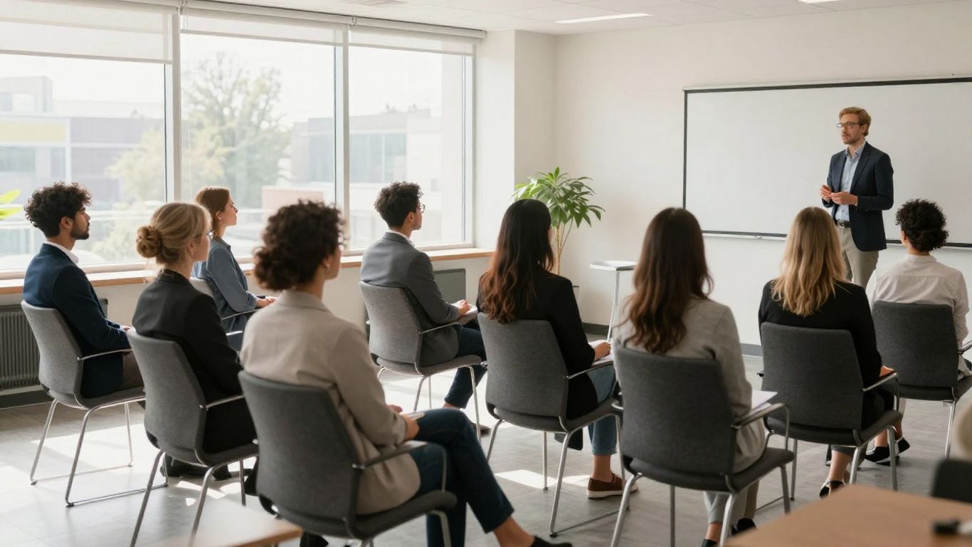 Real estate course participants learning in a bright classroom.