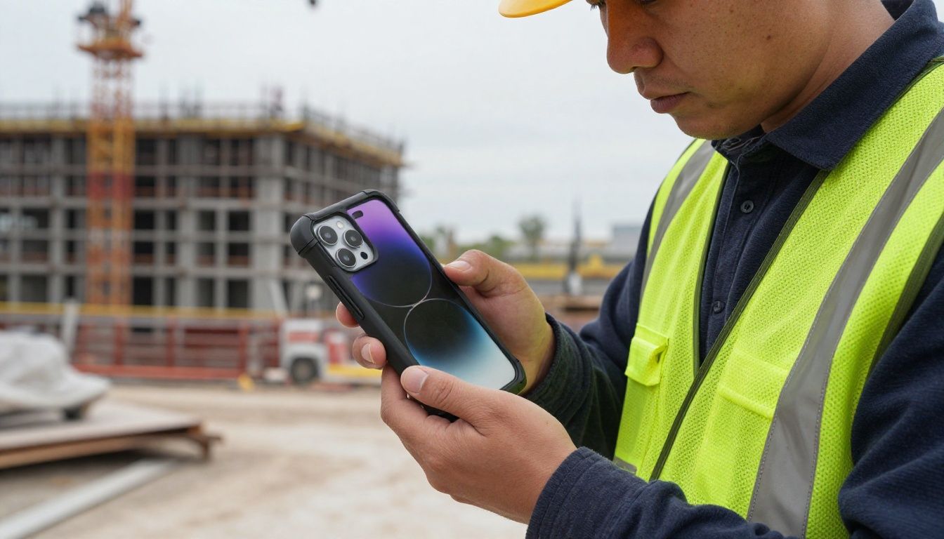 A person in a high-vis vest on a construction site carefully checking their iPhone 15 in a rugged, heavy-duty case.