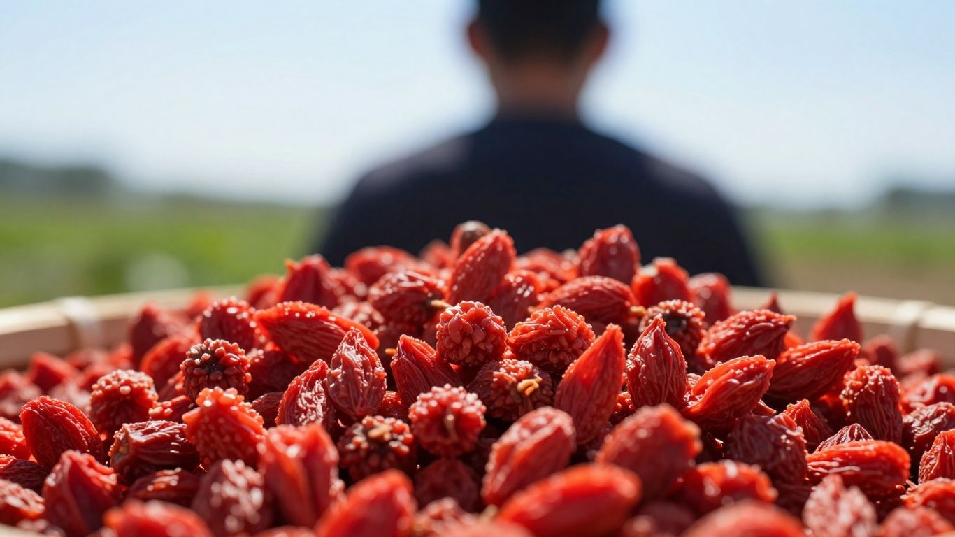 Red wolfberries with a healthy human silhouette in background.