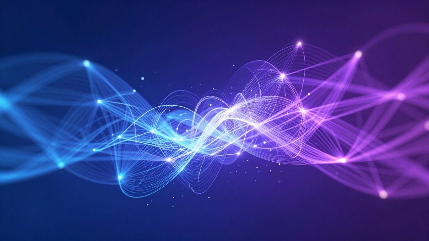 Abstract digital network with glowing lines and patterns.