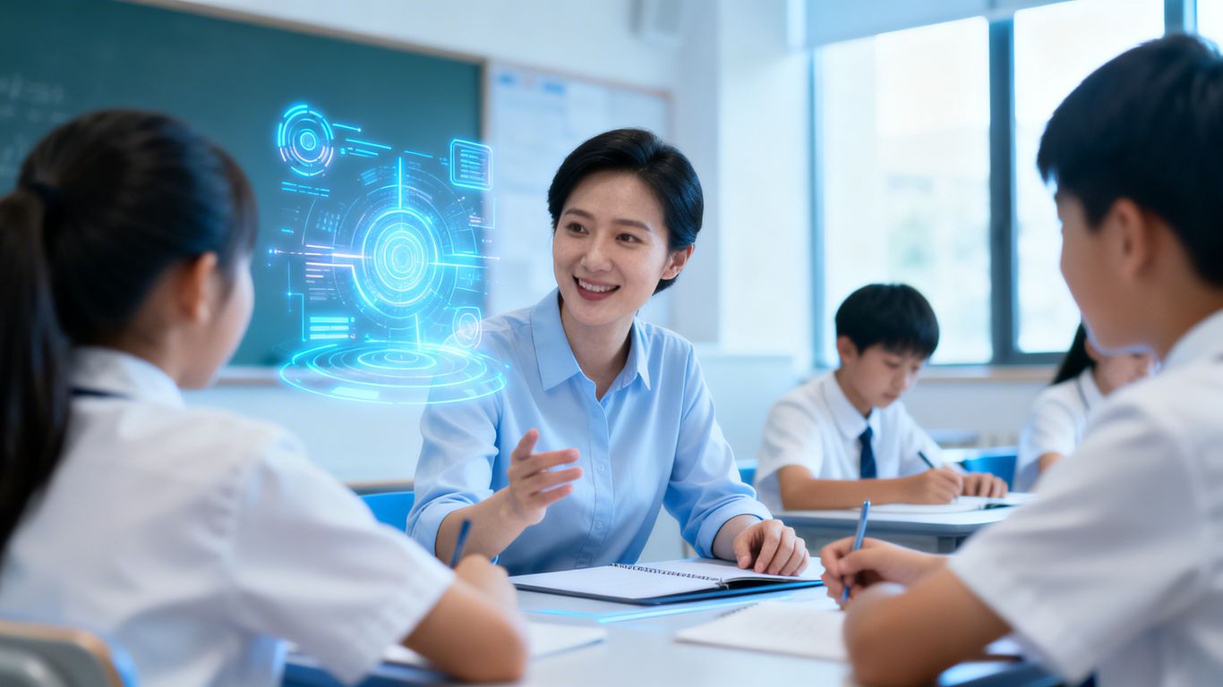 Teacher and students with futuristic AI interface