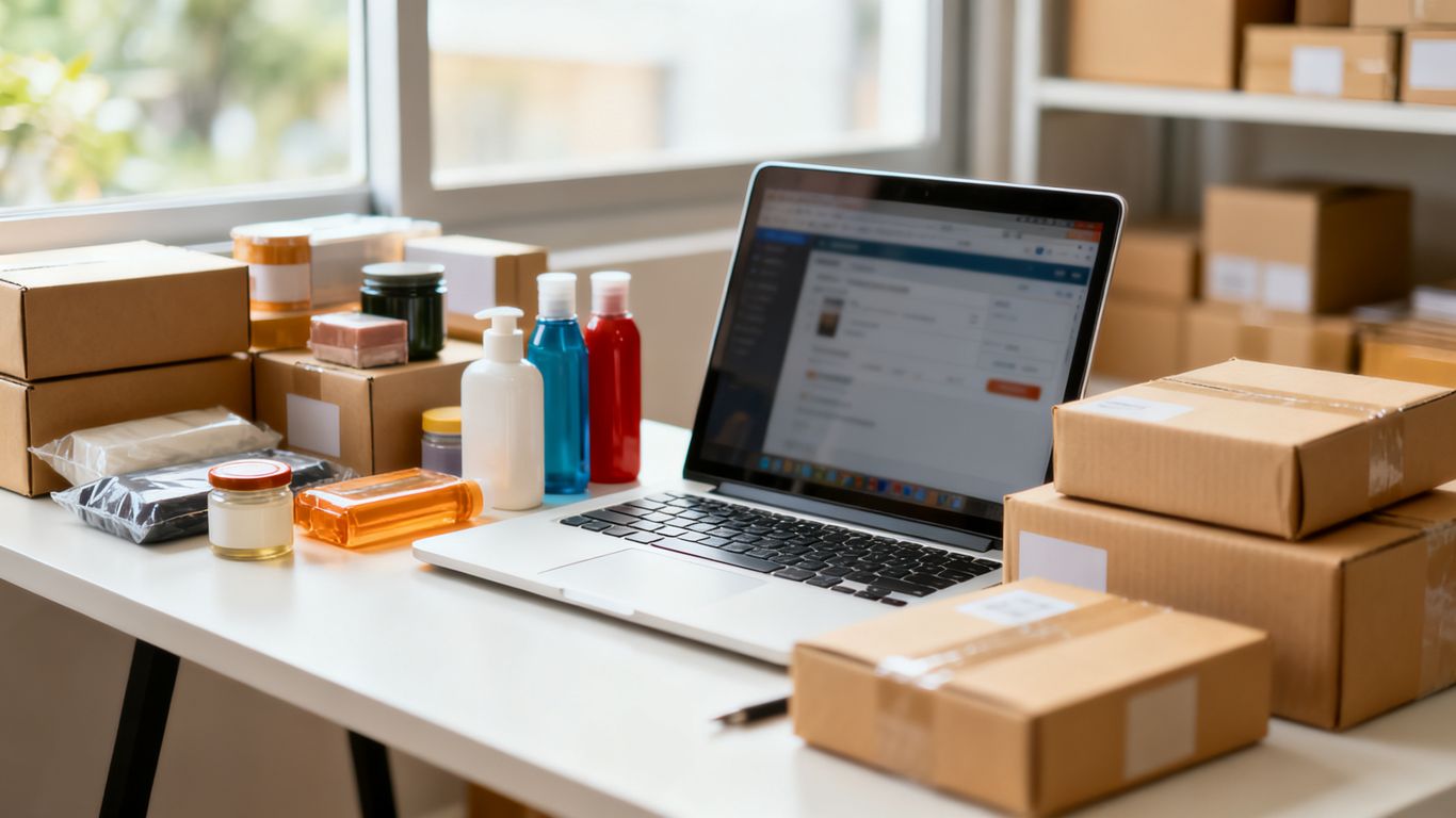 Seller reviewing product performance beside neatly arranged merchandise