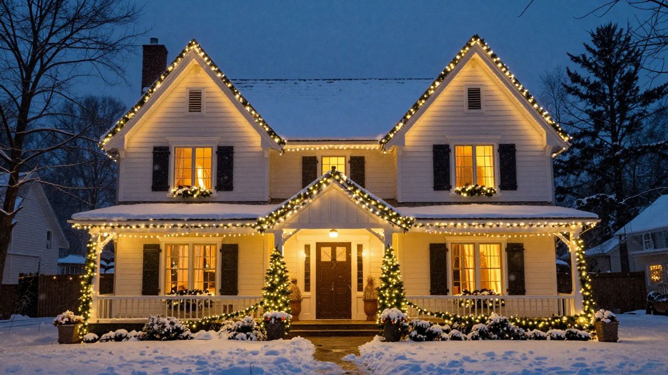 House with permanent Christmas lights glowing at night.