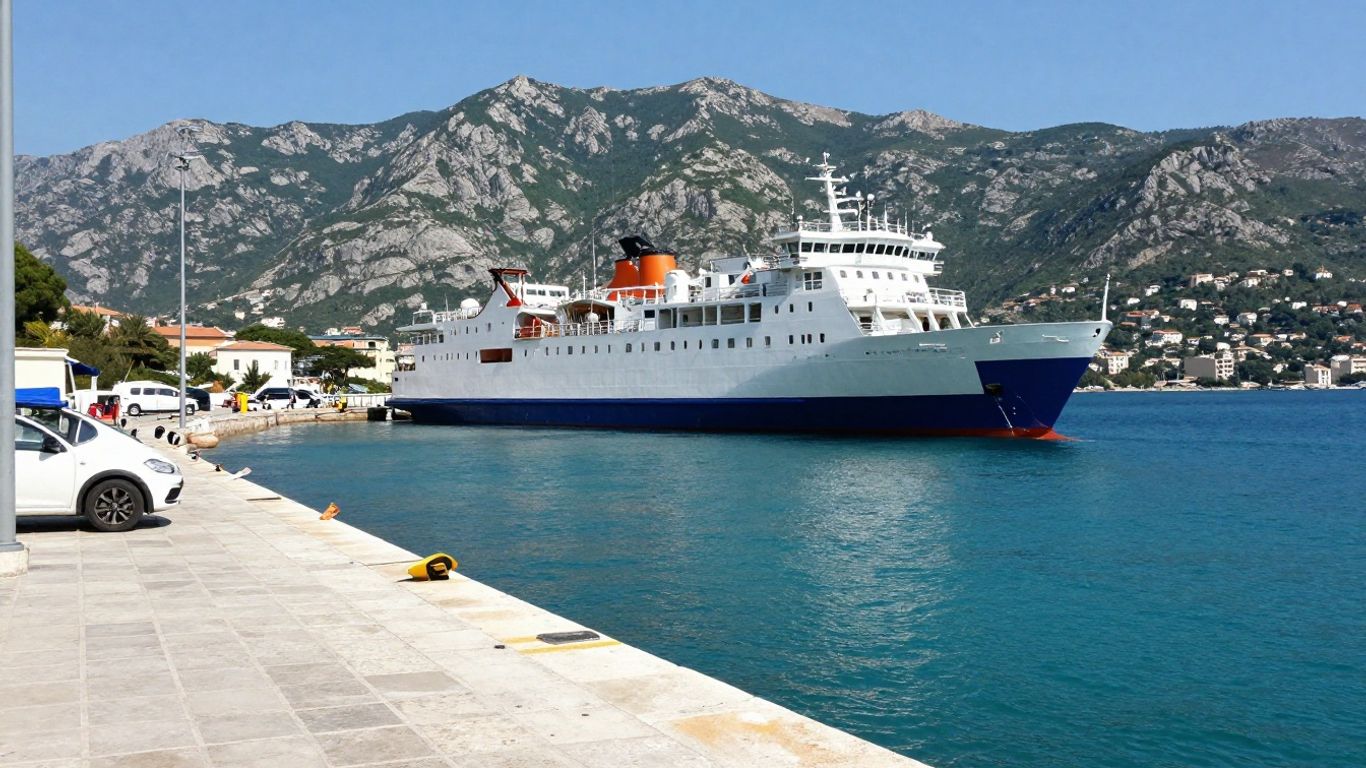 Corsica ferry approaching a bright Mediterranean port