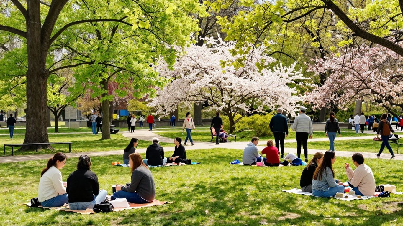 Menschen genießen den Mai im Freien bei Sonnenschein.