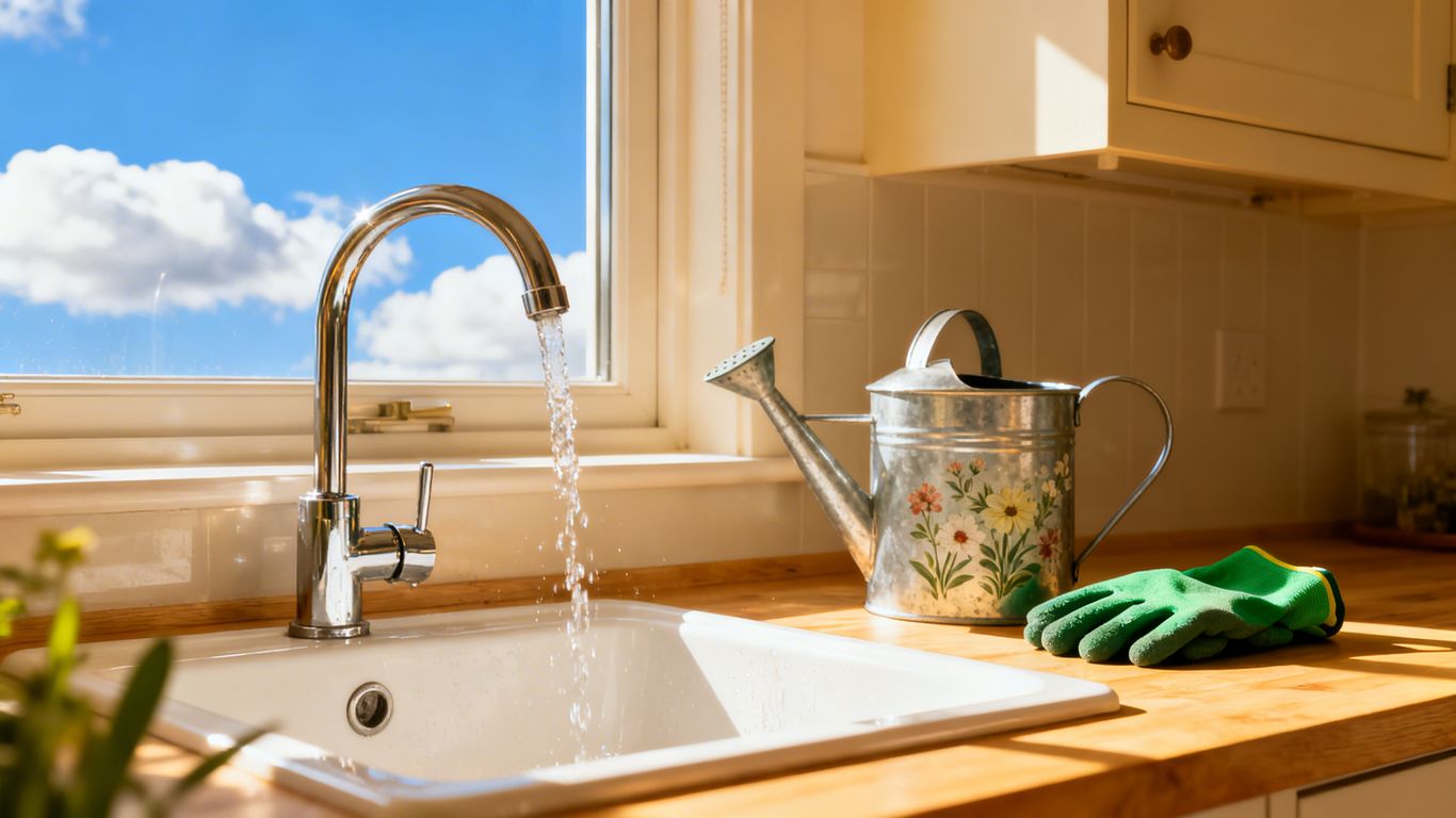 Spring home water usage preparation with faucet and gardening tools.