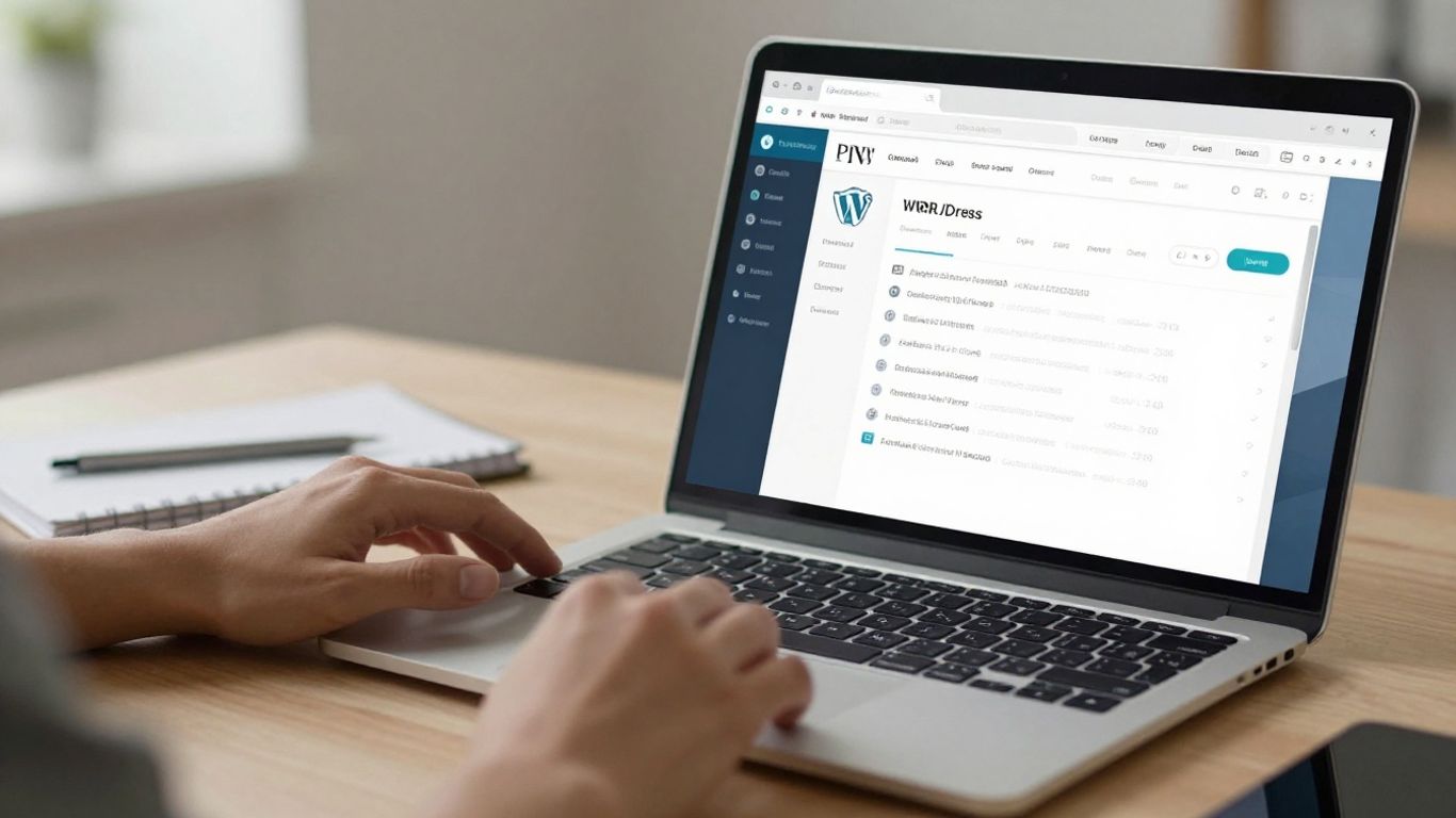WordPress management dashboard on a laptop screen.