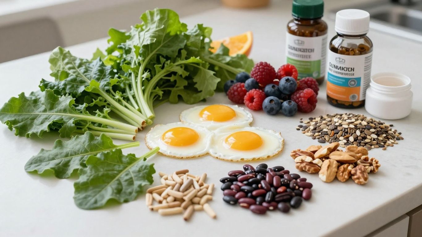 Colorful vitamins minerals foods arranged