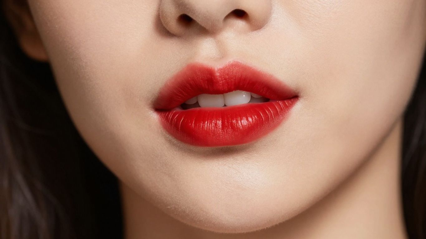 Bold red lips commanding attention, festive beauty look.