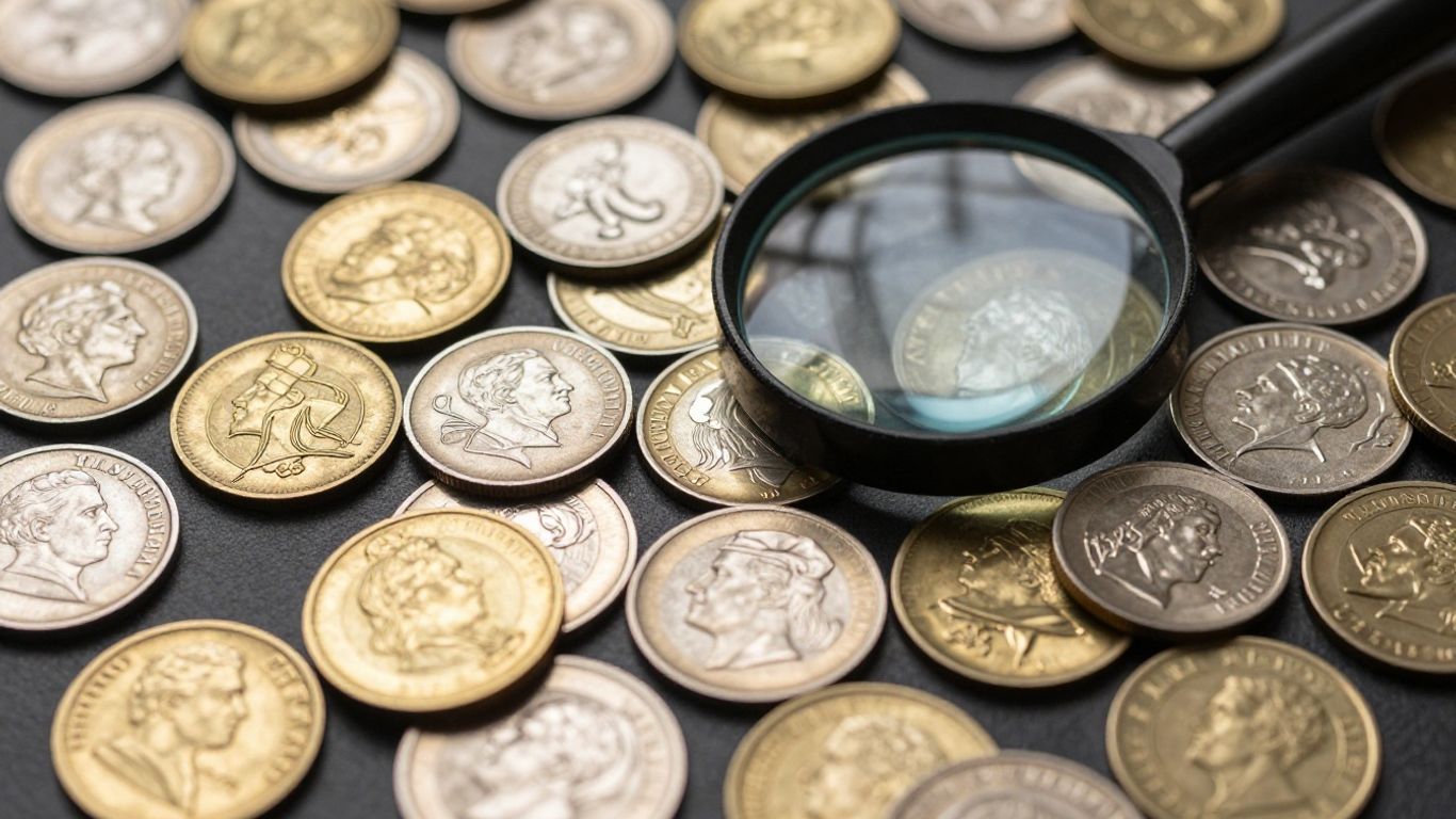 Collection of valuable coins with a magnifying glass.
