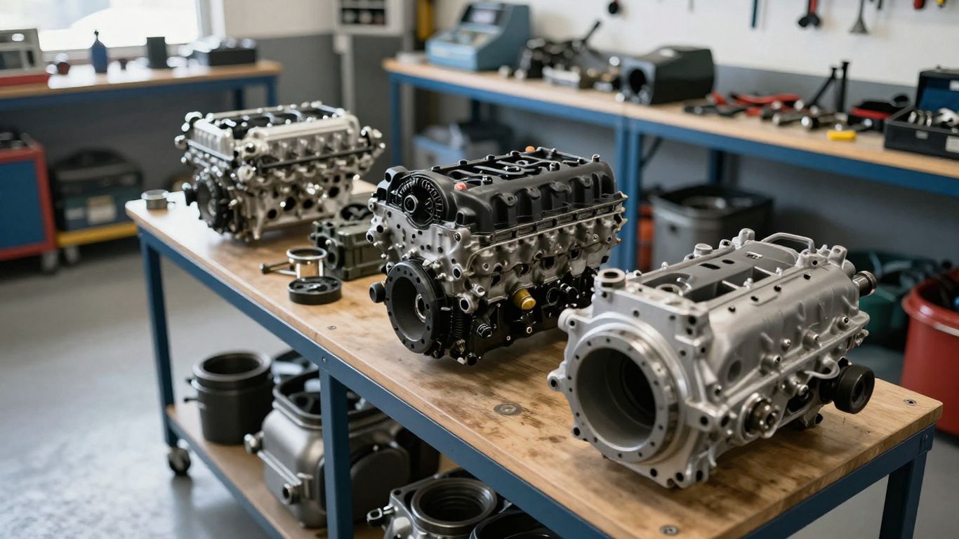 Chrysler parts, engines, and transmissions in a workshop.