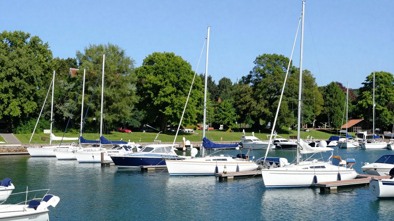 Sailboats docked at Shipyard Quarters Marina in Boston Harbor.