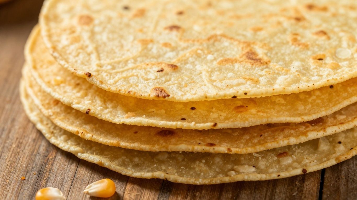 Stack of Siete low-carb corn tortillas on a wooden surface.