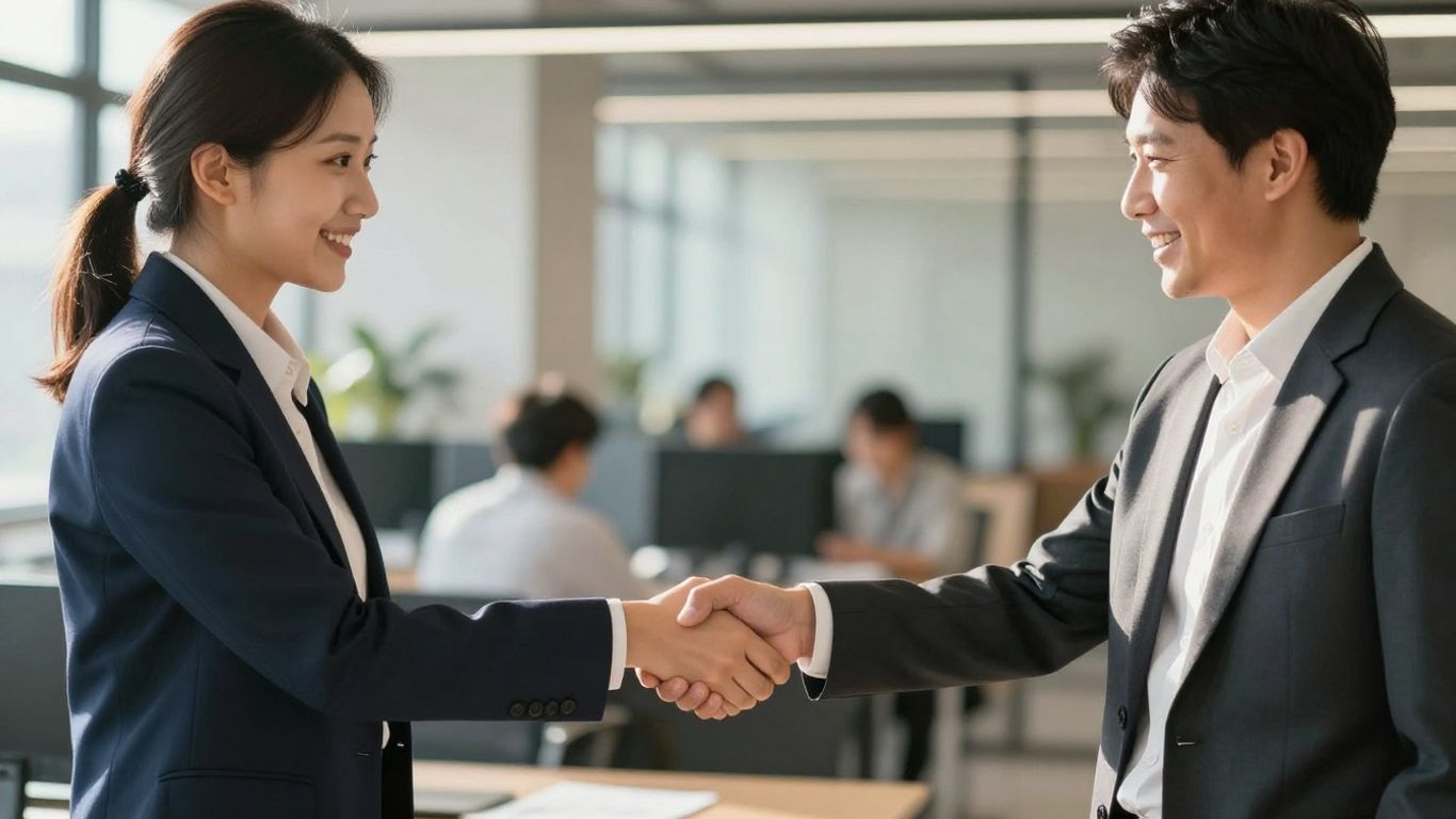 Handshake between business professionals in an office setting.