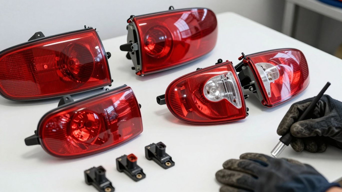 Used tail light assemblies arranged on a clean workshop bench