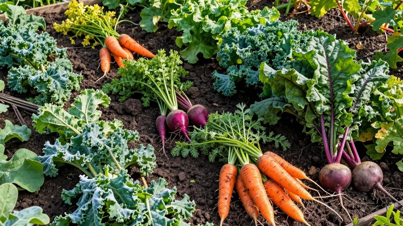 Herbstliche Ernte von Wurzelgemüse und Blattgemüse im Garten.