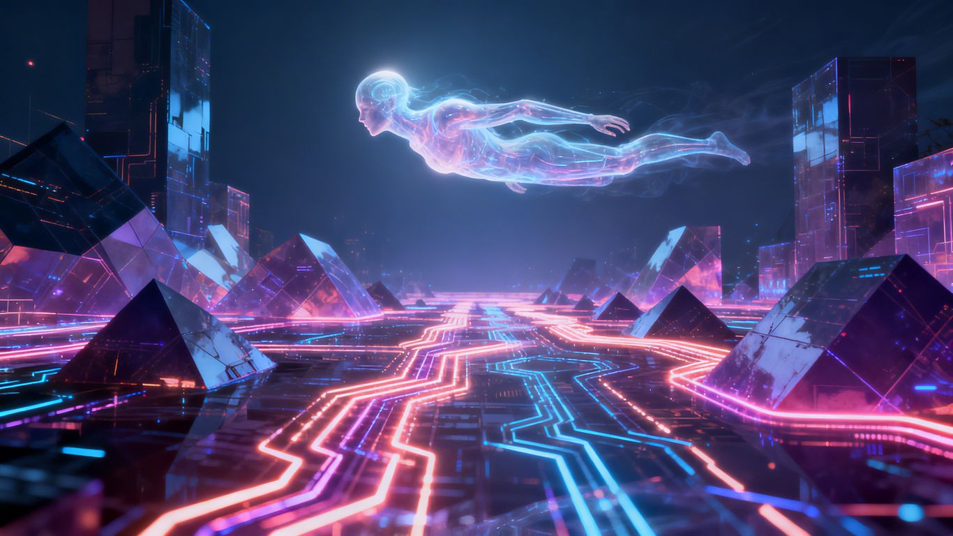 Futuristic cityscape with AI and digital pathways.