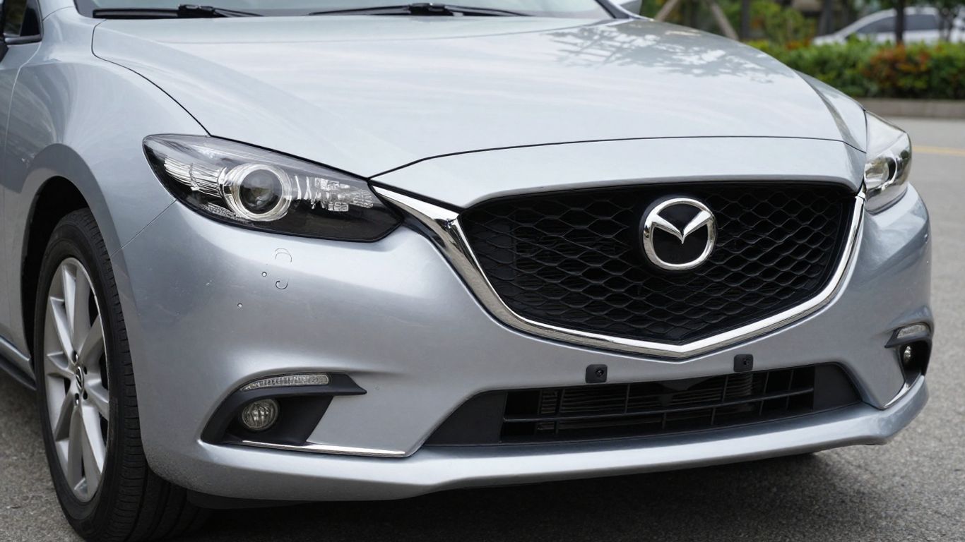 Silberner Mazda 3 mit eingeschalteten Scheinwerfern