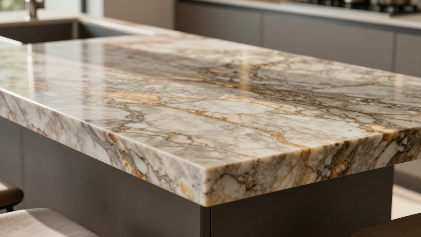 Polished natural stone worktop in a modern kitchen.