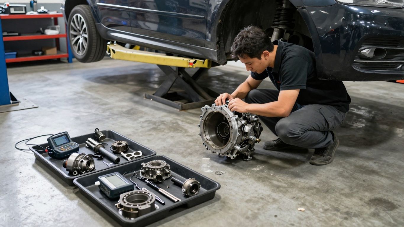 Technician rebuilding automatic transmission assembly