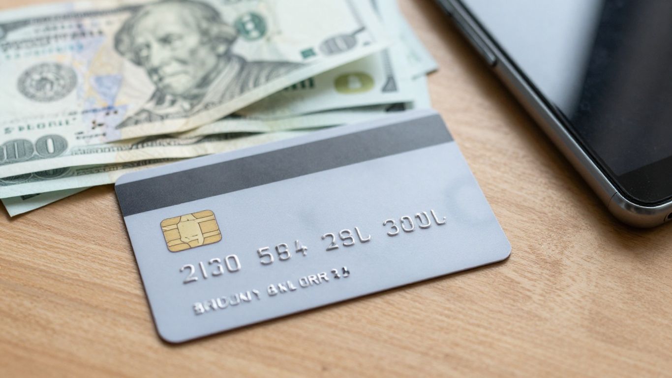 Bank card and cash beside a smartphone