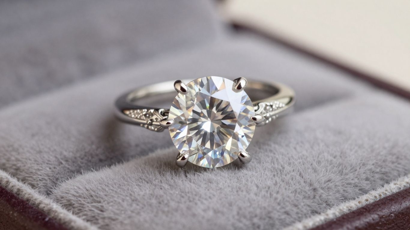 Sparkling diamond engagement ring on velvet cushion.