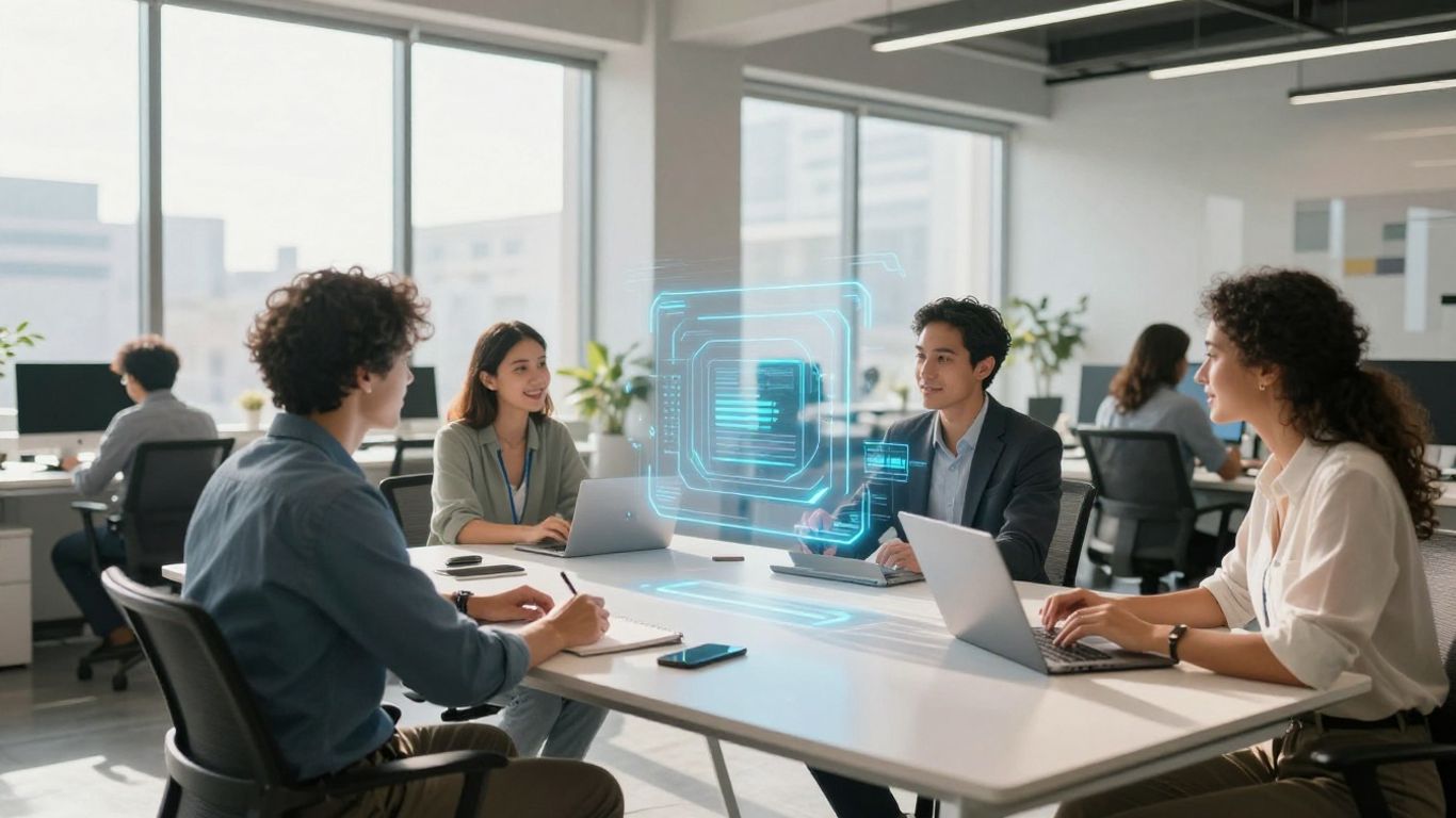 Professionnels collaborant avec des interfaces IA modernes.