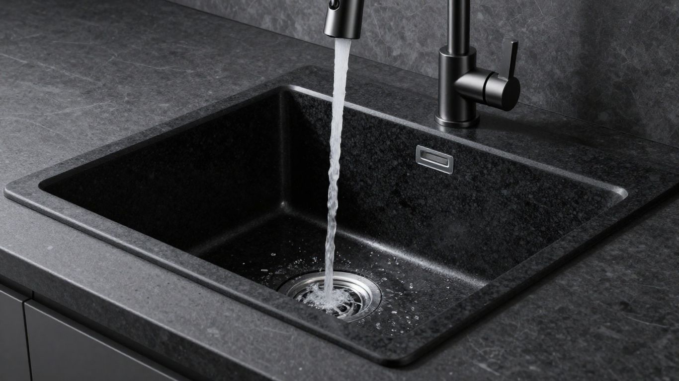 Stylish black granite kitchen sink with modern faucet.
