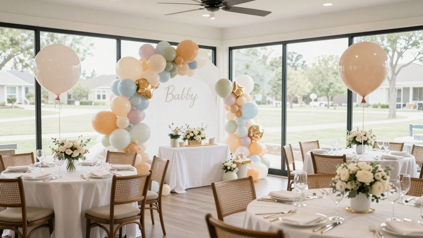Indoor baby shower venue with balloons and floral decor.