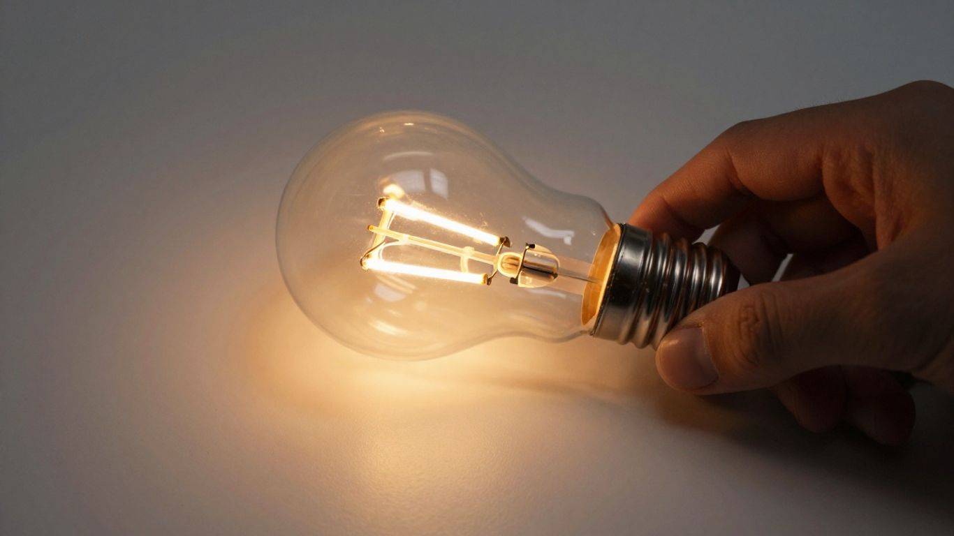 Flickering LED light bulb held in a hand.