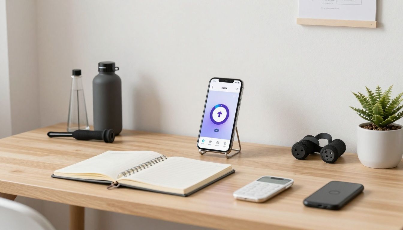 A clean, modern, well-lit home office desk area featuring a smartphone with a health tracking interface, an organized notebook, and high-quality fitness recovery equipment, representing a calm and structured routine.