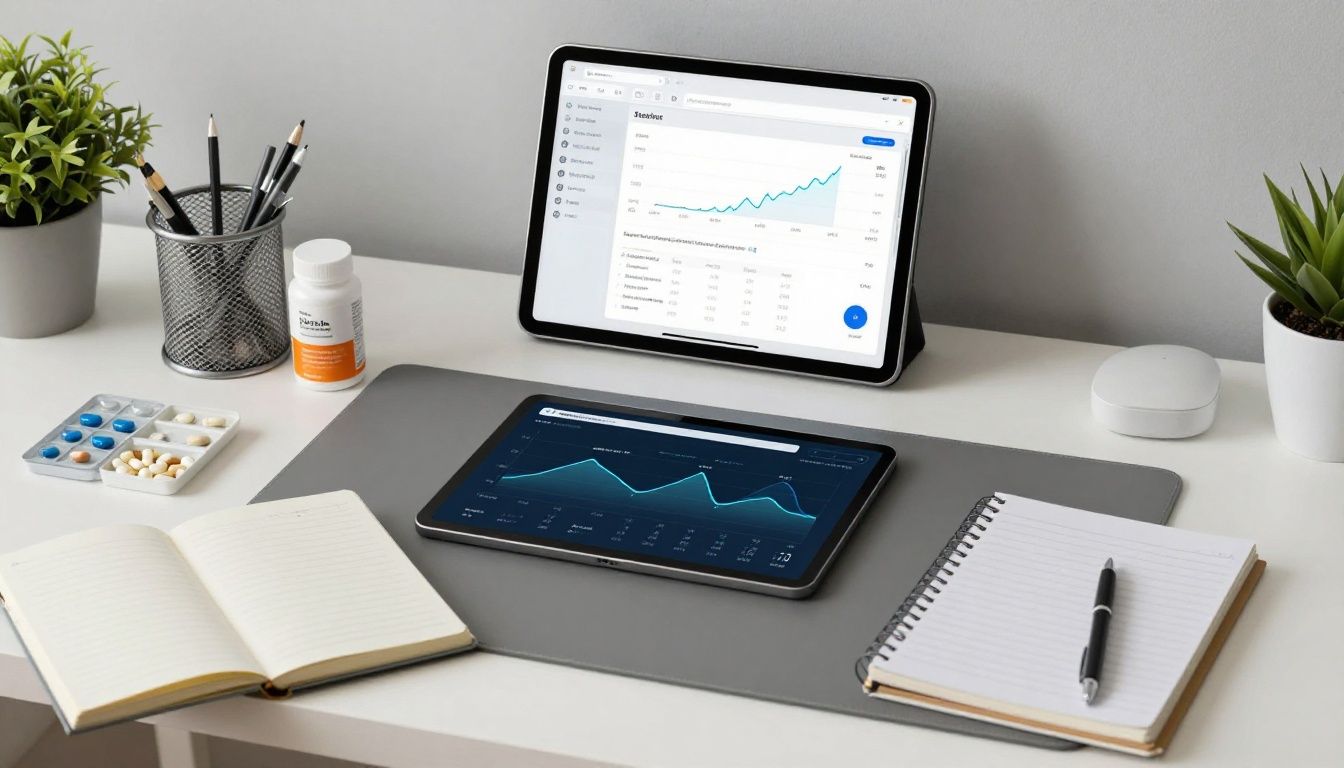 A clean, modern desk setup featuring a digital tablet with health graphs, a notebook, organized supplements, and a light-filled home office space.