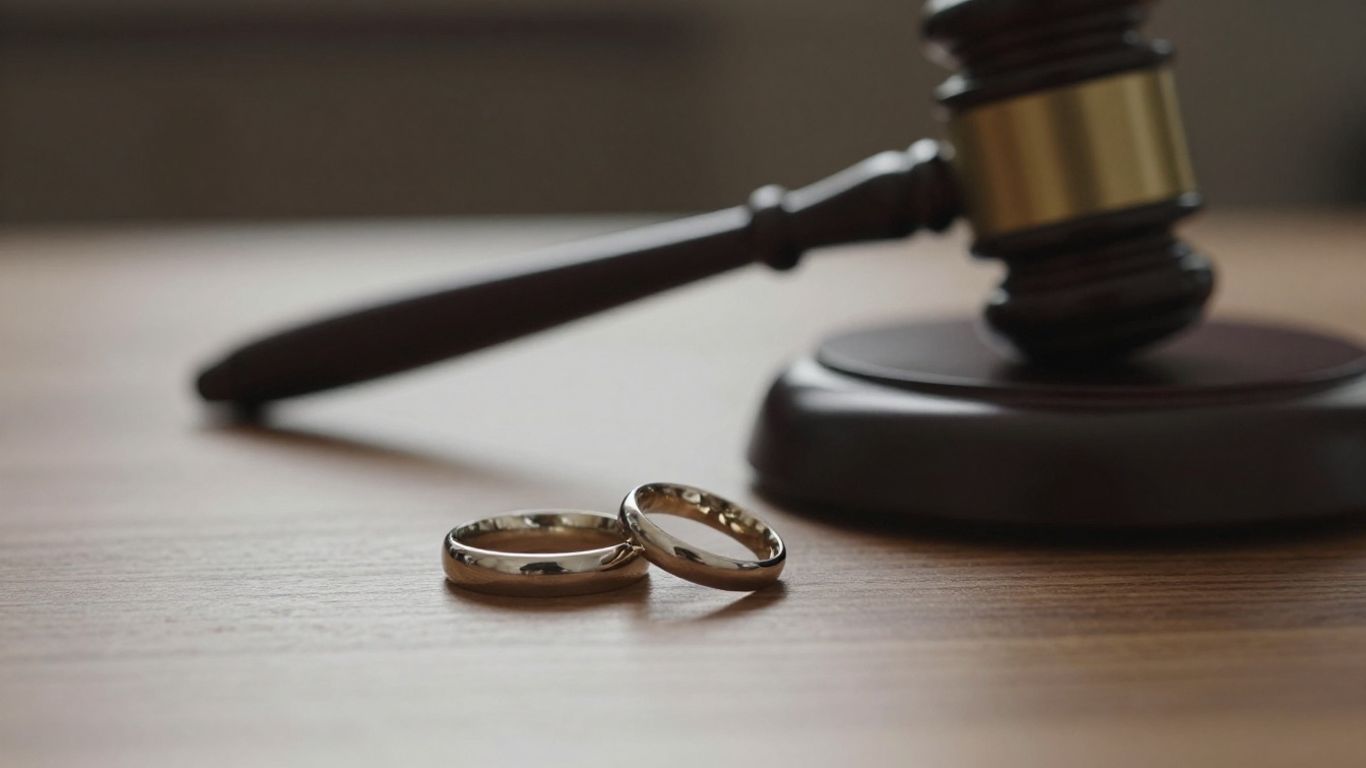 Split wedding ring and gavel on a table.