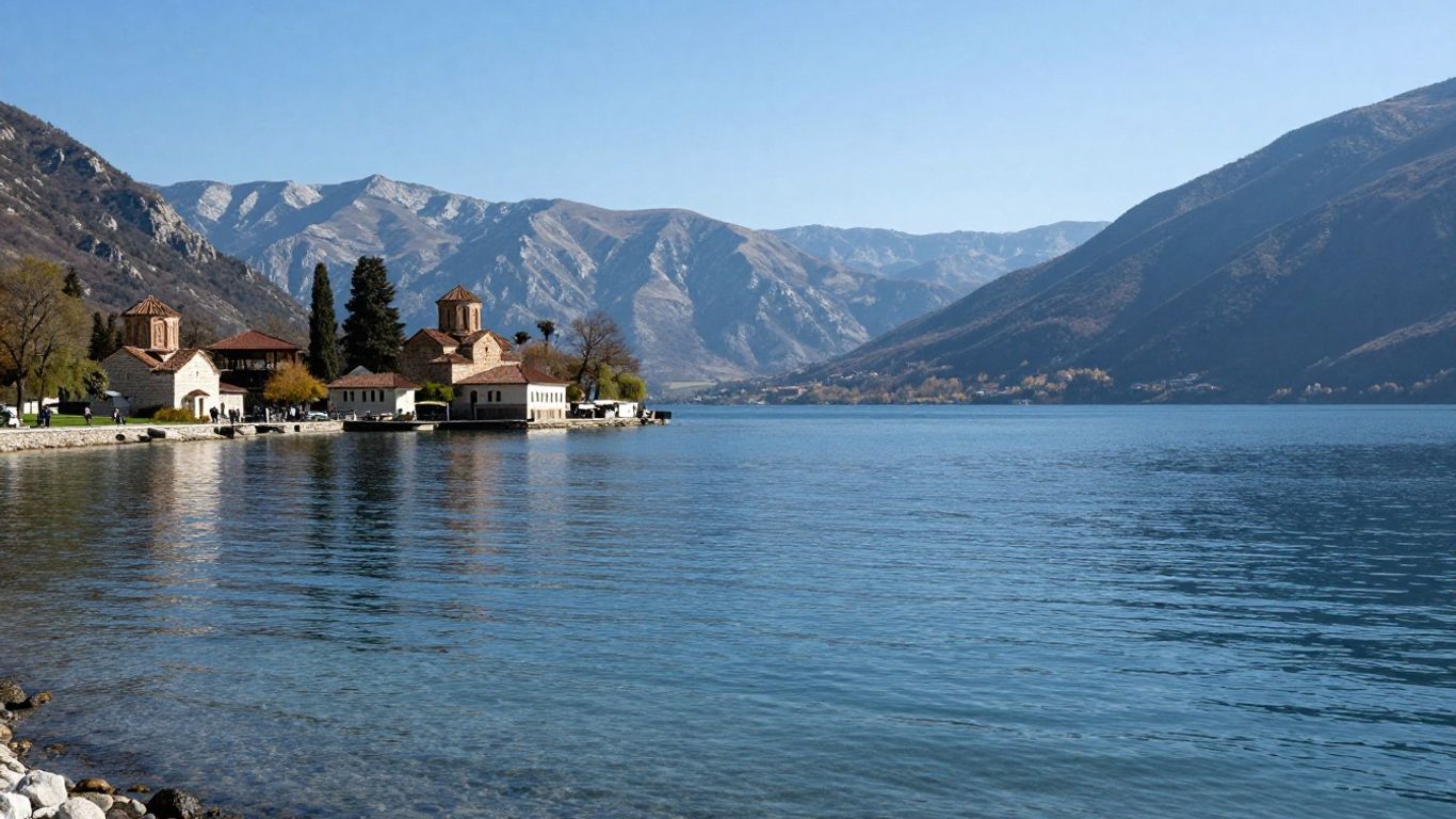 Ohrid, North Macedonia: ancient churches by a clear blue lake.